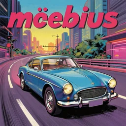 ( ( ( ( classic car driving on cyberpunk highway ) ) ) ) by mœbius!!!!!!!!!!!!!!!!!!!!!!!!!!!, overdetailed art, colorful, artistic record jacket design