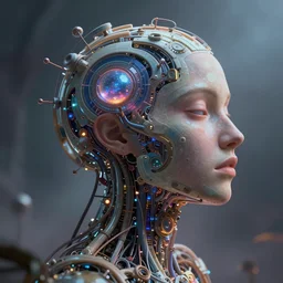 the mind is leaving the body of a celestial machine entity by mia brownell, art by anna hotchkis, antonio saura, very detailed, maximalism, ambient occlusion, volumetric light, atmospheric haze, hyper realism, futuristic but colorful shading, cinematic composition, realistic render, photography, wide shot