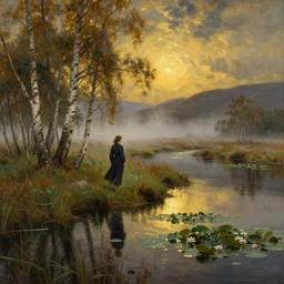 highlands curvy horizon birches grassy foggy flooded swamp riverbank shore land, woman walking, dark atmospheric scary ambient vibe preraphaelite water lillies golden hour intricate, elegant, sunlit, paint texture highly detailed artstation sharp focus illustration concept art ruan jia charlie bowater tom bagshaw norman rockwell