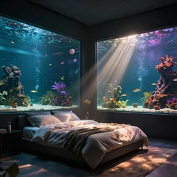 4 k dslr photo of a bedroom with giant aquarium walls, dramatic lighting, particles, volumetric lighting, deep colors, reflections, raytracing, shadows, sunbeams, atmosphere, vibe, very detailed, gigapixel