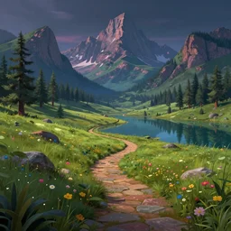 beautiful matte painting style synthwave, whimsical art fantasy path mountains and meadow in the background near a lake reflecting the trees, atmospheric lighting, painted, intricate, volumetric lighting, beautiful, rich deep colors masterpiece, sharp focus, ultra detailed by