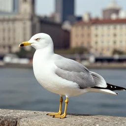 technicolor photograph, zoomed in shot of a seagull in the city, telephoto lens, vintage photograph, historical archive