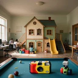 a weird place, house, playground, office, pool, interior, room full of people but now empty with eerie feeling, disposable colored camera, camera flash, full of things, unusual place, unsettling, kids place