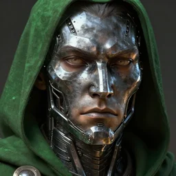 detailed male face skin made of steel wearing a green cloak epic detailed and intricate digital painting trending on artstation by wlop octane render
