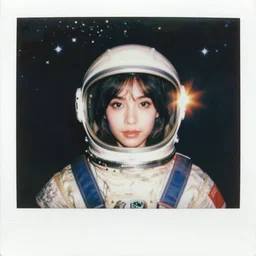 a polaroid portrait of a beautiful woman wearing a space helmet, starry background, bokeh, lit from behind, heavy film grain, color bleed