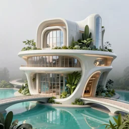 highly detailed futuristic architecture by Frank Lloyd Wright, reflective lighting, stylized vegetation, bridges, ground-level view, puddles of turquoise water, foggy atmosphere, stunning sunny lighting, sunrise, vivid colors, in the style of pixar animation, trending on Artstation, 8k, matte painting, ray tracing, hyper detailed, unreal engine 5, cinematic, epic lighting, cryengine, octane render, cyberpunk, red and orange glow, vibrant