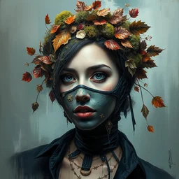 portrait of beautiful female model by irakli nadar with intricate detailed color smashing fluid oil paint and acrylic, dried moss and dried autumn leaves headdress, half face mask, haunting, elite, elegant, melting wax, mycelia, abstract impressionism, ruan jia, dark fantasy, hyper detailed, concept art, by gustav klimt,