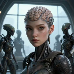 aliens brainsuckers warriors near the giant window inside ufo, realistic high detailed face of the girl, masterpiece. rendered in blender, ultra realistic, smooth shading, ultra detailed, high resolution, cinematic, unreal 6, perfect face, cyberpunk, fine details, studio lighting, subtle shadows, art by katsuya terada, photorealism, hyper realism, octane render, hyper detailed, canon eos r 3, f / 1. 4, iso 2 0 0, 1 / 1 6 0 s, medium shot, 8 k, raw, unedited, in - frame,