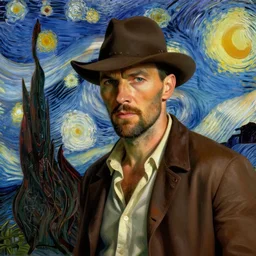 portrait of indiana jones, mash - up between mc escher and vincent van gogh