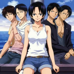 style of madhouse studio anime, rei hiroe, loish, artgerm, joshua middleton, portrait of revy from black lagoon, symmetrical eyes and symmetrical face, jean shorts, white tank top, on a boat, smirk on face, evening, natural lighting