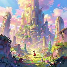 a vibrant emotional digital 3 d cg of dystopian abandoned post - apocalyptic city, studio ghibli, pixar and disney animation, sharp, disney concept art maximalist splatter paint illustration by shinji kimura and alphonse mucha and alena aenami, iridescent pastel color palette, bloom!!, dramatic lighting