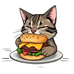 cat eating burger, sticker illustration
