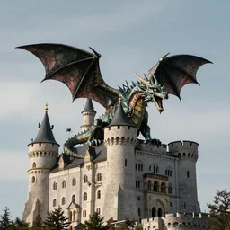 a photograph of a dragon on top of a castle