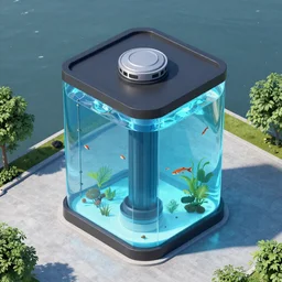 aerial view of a giant fish tank shaped like a tower in the middle of new york city, 8 k octane render, highly detailed and photorealistic