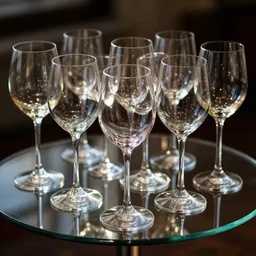 a glass table full of wineglasses, photoreal, refraction, vray, intricate, detail, dramatic light