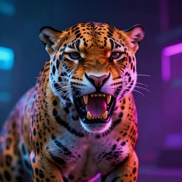portrait of a neon cyberpunk jaguar animal snarling, octane render