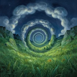 nightly, spiral, naive nerikomi, weird perspective, extra narrow, detailed illustration, scenic spiral environment by rhads from lorax movie, trending artstation, true color, fisheye, grass field mountainous terrain, spiral clouds