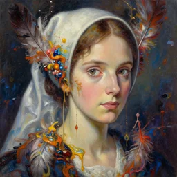 close - up portrait of florence nightingale by h hering with intricate detailed color smashing fluid oil paint and acrylic, color feathers, melting wax, lamp oil, abstract impressionism, ruan jia, fantasy, hyper detailed, concept art, by peter mohrbacher and studio ghibli