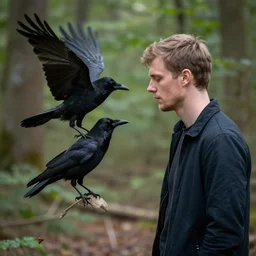 crossbreed between a human male and crow, photograph captured in a forest