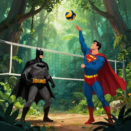 batman and superman are playing volleyball in a jungle, volleyball in the air, volleyball net, digital illustration, inspired by greg rutkowski and artgerm, high detail