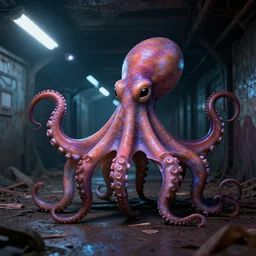 a menacing octopus made a next in an abandoned subway, illuminated by iridescent lights, 3d digital art, 8k