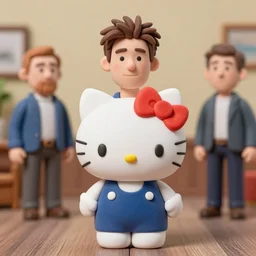 product photography of a claymation action figure joe rogan hello kitty, depth of field, zeiss lens, detailed, centered, by erwin olaf, joop geesink, wes anderson, breathtaking, 8 k resolution, extremely detailed, beautiful, establishing shot, realistic materials, hyperrealistic