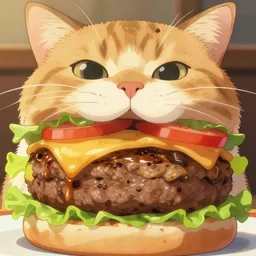 full close up image burger food, in front of a cat, cat face, cat, close up, full image, food, burger, hamburger, tasty look, artstation, style of jesper ejsing, by rhads, makoto shinkai and lois van baarle, ilya kuvshinov, rossdraws