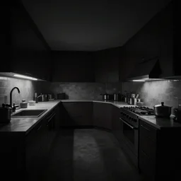 curved perspective digital art of a dark kitchen without windows lights off by petros afshar