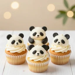 cupcakes in the shape of pandas, food photography, centered, bokeh, studio lighting