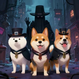 a ragtag team of 3 dogs dressed like criminals in a haunted city in the style of isle of dogs