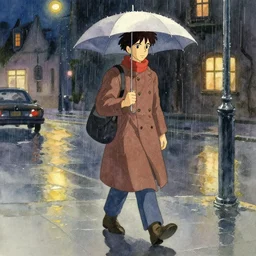 a 1 9 6 0 watercolor painting night watchman walking on a rainy night, nice colour scheme, soft warm colour. studio gibli. beautiful detailed watercolor by lurid