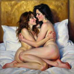 realistic painting showing olivia munn and woman journalist alex wagner happily entwined in a hotel bed, dramatic gold, pink and blue lighting, sultry, sensual, moebius, elvgren, wlop, manara, mucha, loish, vargas, artgerm