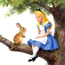 alice from wonderland talking to a rabbit while sitting on top of a tree, realistic fantasy art in the style of enid blyton