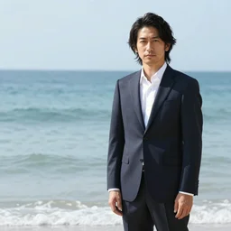 japanese man with long hair in a suit standing in the ocean looking at the camera, wide shot, far!!!!!!! away, zoomed out, distance!!!!!!! shot, sunset, album cover, 1980, tatsuro yamashita, ride on time