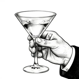 an old mans hand holding a martini, bold line art, by vincent di fate inking, etching, screen print, masterpiece, sharp, high contrast, hyper - detailed, hd, 4 k, 8 k