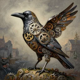 artistic drawing of a fractal crow, made of engrenage by zdzisław beksinski, symbolist, visionary, detailed, realistic, surreality