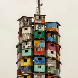 close - up view of a tower made up of colourful makeshift squatter shacks, faded colours, plain off white sky, hasselblad x 1 d, very detailed, photographed by cristina de middel