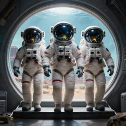 symmetric digital portrait, fish tank head astronauts walk on the stairs of the circular space, monument valley, epic apex legends concept, sharp focus, realistic scifi masterpiece, cinematic natural light, highly intricate details, 8 k, hdr, octane render