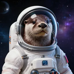 a realistic portrait of an otter wearing a full space suit and reflective visor set against a space and nebula background, trending on artstation, ultra detail, photorealistic, fine detail, cgi, zbrush, global illumination, studio lighting