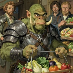 an orc shopping for groceries,, armor, tusks, contemporary, finely illustrated face, highly detailed, digital painting, studio ghibli, tankobon, in the style of ilya kuvshinov and krenz cushart and william - adolphe bouguereau and alphonse mucha