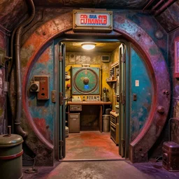 retro vault bunker concept art, colorful, 8 k photorealistic, hd, high details, trending on artstation