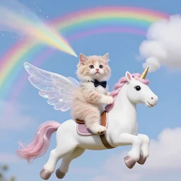 a fuzzy kitten with a bow tie riding a unicorn that has translucent glitter wings and who is farting out a rainbow across the sky, fantasy art