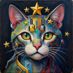 intricate five star cyber punk cat portrait by pablo picasso, oil on canvas, hdr, high detail, photo realistic, hyperrealism, matte finish, high contrast, 3 d depth, centered, masterpiece, award - winning, vivid and vibrant colors, enhance light effect, enhanced eye detail, artstationhd