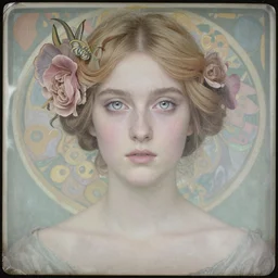 portrait of a beautiful young lady with big silver eyes, colored daguerreotype by pontormo, by bosch, by mucha, by Mackintosh, by max ernst, art noveau, liminal, eerie, Bright pastel colors