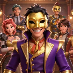 portrait of a cinematic still of miyamotoas as the happy mask salesman, purple gold outfit, art by lois van baarle and loish and ross tran and rossdraws and sam yang and samdoesarts and artgerm and saruei and disney, digital art, highly detailed, intricate, sharp focus, trending on artstation hq, deviantart, 4 k
