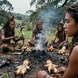 sensual scene from art house film by alejandro jodorowsky, roger ballen, surreal scene of an occult ritual in a picturesque outdoors setting, ashes, new guinea mud man, costumes, snakes, smoke, burned dolls, close - up of the actors'faces, sharp, leica 3 5 mm, 1 6 k