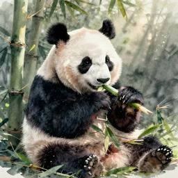 a watercolor painting of a panda eating bamboo, dynamic lighting, photorealistic, ambient lighting, atmospherical, stunning visuals, trending on art station