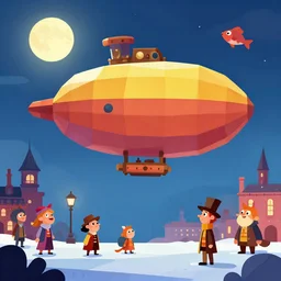 low poly, airship, sky, winter, bnow, night, moon, victorian london, steampunk, nicoletta ceccoli, mark ryden, lostfish, max fleischer, cartoon, artstation, illustration, digital paint, matte paint, vivid colors, bright, cheerful, low poly environment