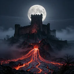 an old citadel rising up from the mist at night silhouetted by a huge moon, by Noah Bradley, Darek Zabrocki,, James Paick, Natasha Tan, highly detailed, ultra detailed, ultra realistic, lava, dungeons and dragons, trending on artstation, thomas kincade