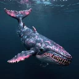 a whale sized human mouth with large dorsal fins swimming through a dark ocean, pink skin, sinew, d & d fantasy art, concept art, character art, horror
